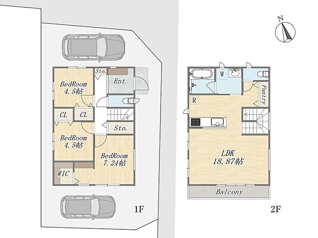 【【参考プラン:2号地】】Plan:3LDK+WIC+Pantry+カースペース
建物参考価格:2300万円
建物面積:87.77m2
YAZAWA LUMBER施工|建物参考価格(2300万円)には設計・外構・地盤改良費等は含まれていません。