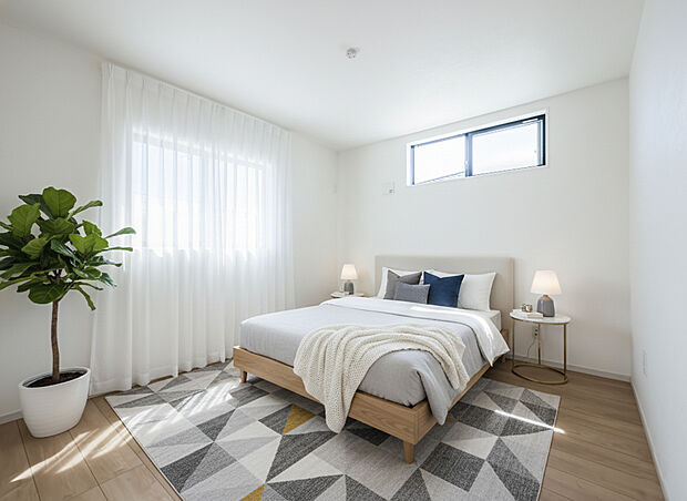 【洋室】「Bed Room」落ち着いた色合い、シンプルなデザイン。
寝室として大事なお部屋です。
(本画像はCGにて家具を配置しております。実際に家具はおかれておりません。)