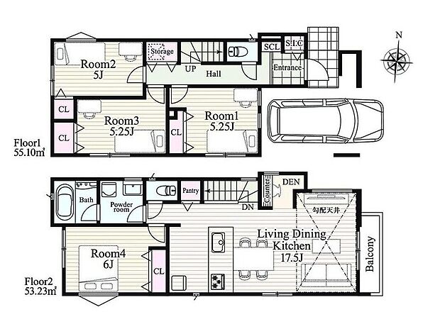【4LDK】建物面積に車庫部分13.04m2含む