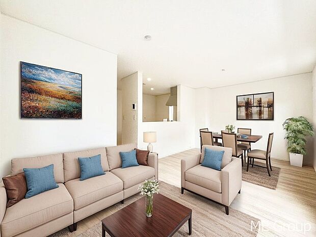 プライバシーも守れる2階リビングは明るく開放感たっぷり！　※家具はCGです