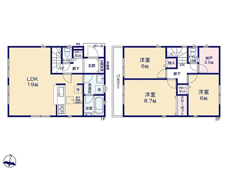 LDK19帖、全居室6帖以上など、敷地もお住まいもゆとりの広さ♪
対面式キッチンですので、お食事の準備をしながらご家族との会話を楽しめます☆水回りも集中しているので、家事の動きがらくちんです♪
