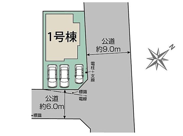道幅の広い角地なので明るく開放感に溢れた好立地です。車種により３台駐車可能です。