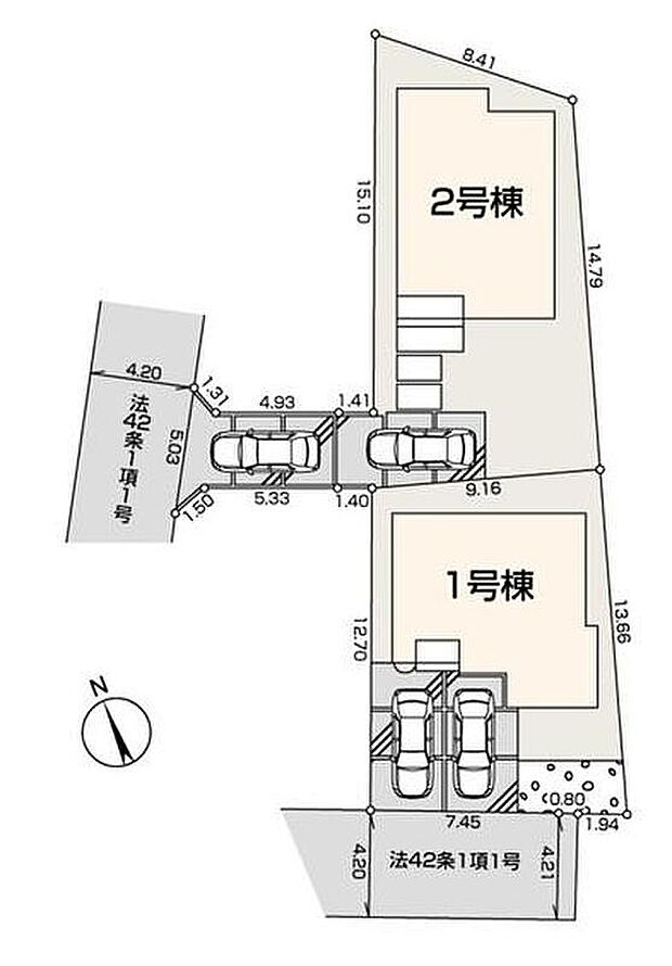 ゆとりある敷地の全２棟。建物南側にスペースを確保していますので、陽射しをたっぷり取り込めます。カースペース２台分。お車でのお出かけも快適なロケーションです♪