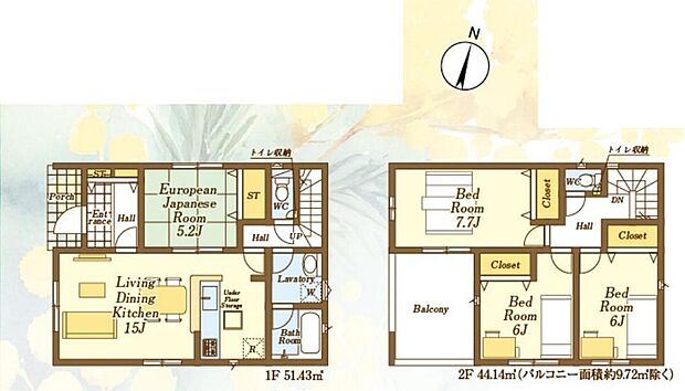 (１号棟)、4LDK、土地面積140.07m2、建物面積95.57m2