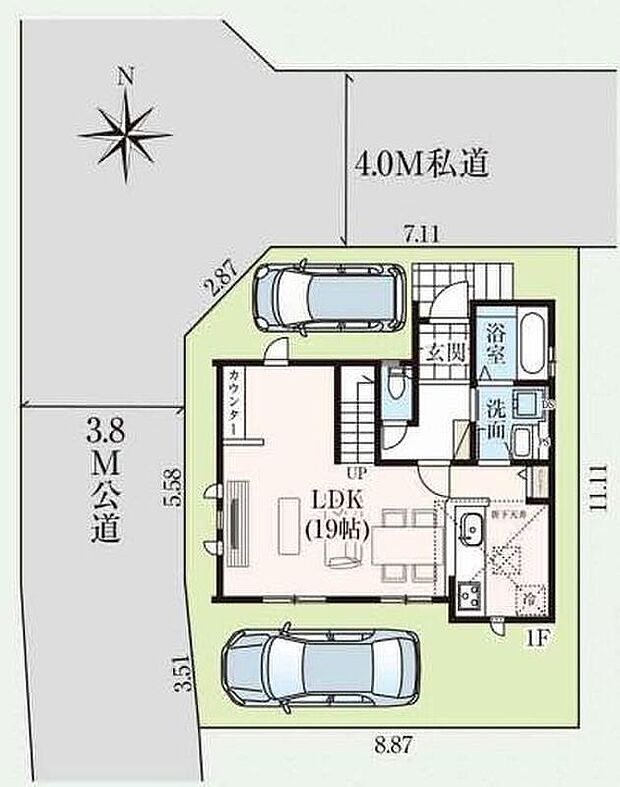 【全体区画図】見通しが良く、開放感のある角地の立地♪車種により２台駐車可能です。