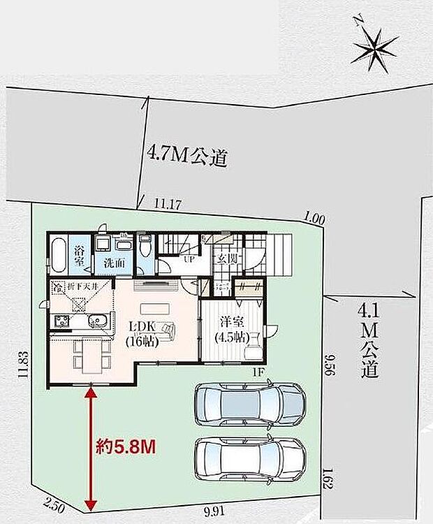 【全体区画図】敷地４４坪超え！カースペース並列２台分！ご夫婦でお車を所有できますね。敷地の広さを活かして南側にゆとりを持たせました。