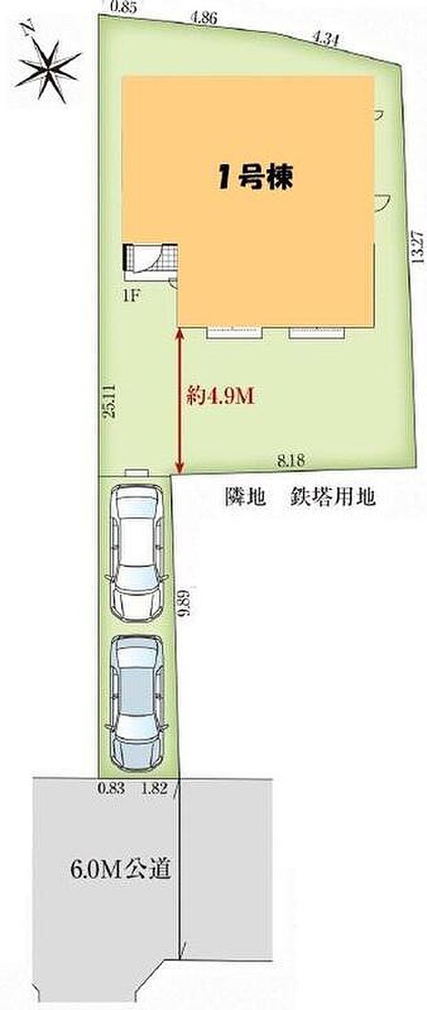 【全体区画図】敷地５１坪超！カースペース２台分！建物南西側に約4.9mの奥行きの庭付き♪周辺は第一種低層住居専用地域で落ち着いた住環境です。