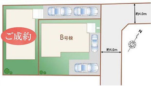 【全体区画図】周辺は落ち着いた住宅街です。カースペース車種により2台可能!自転車置き場や物置スペースとしても便利です♪
