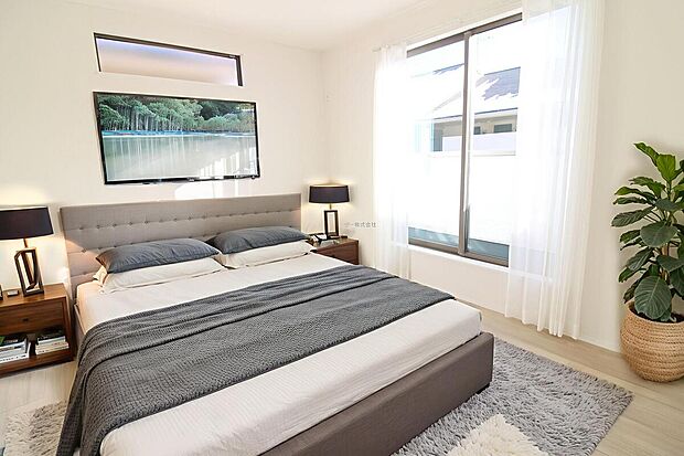 【洋室】日当りの良さは写真でも充分に伝わるかと思いますが、開放感のある周囲にめぐまれたおかげで、風通しもとても良くなっております。※家具をCGで加工しています。家具付き販売ではございません。