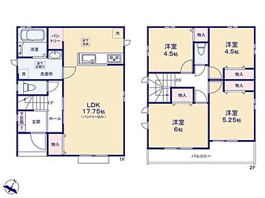 ☆２階４洋室プラン☆
１７．７５帖のLDK＆２階４居室プラン。ご家族が集う空間と、個の時間を大切にする居室をしっかり分け合えます♪ 