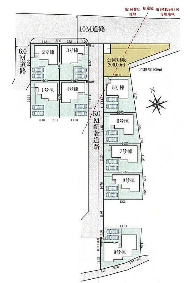 【全体区画図】6ｍの新設道路で繋がるビックコミュニティ！全棟敷地５０坪超え！カースペース並列２台分！ゆとりの住まいで新生活を始めませんか？
