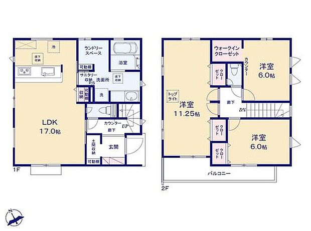 【3LDK】☆ランドリースペース付き☆
洗面所の一角にランドリースペースをご用意。家事を効率よく行うことができますね。何かと物が多くなりがちな洗濯周りでしっかりと収納が確保されているのがうれしいポイント！