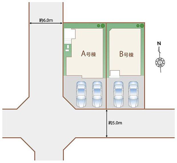 【全体区画図】南５ｍ道路に面し、日当たり良好です♪カースペースは嬉しい駐車２台可♪
