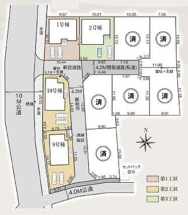 【全体区画図】敷地内に新設道路を通した綺麗な街並みです。全棟敷地３７坪以上とゆとりがあります。カースペース車種により並列２台分可能！