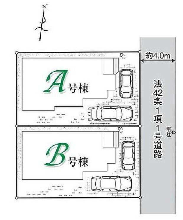 【全体区画図】敷地34坪超えの整形地です。カースペース車種により2台分。国道にアクセスしやすく、お車のお出かけも快適です♪