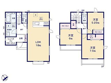☆収納豊富なお住まい☆
玄関にはベビーカーなどの収納に最適な大容量のシューズクローク。２階の７．５帖洋室は真ん中に仕切りがあるタイプのクローゼットを配置。片付けやすいお住まいです。 