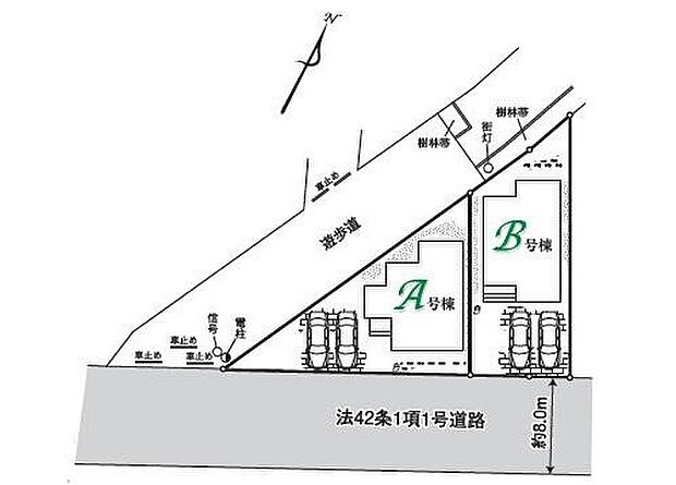 【区画図】広めの敷地45~46坪!8mの前面道路と遊歩道に囲まれた開放感のある区画です♪カースペース並列2台分!