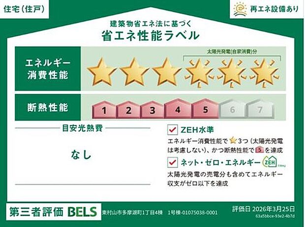【【省エネ性能ラベル】】『１号棟』
こちらの物件はZEH水準を満たした、省エネ性能に優れた物件です。　光熱費を抑えて暮らすことができるだけでなく、「熱の入りにくさ・逃げにくさ」という観点でも影響を受けにくい建物のため、長く快適にお過ごしいただけます♪　※本ラベルは特定の住戸の性能を示すものであり、全ての住戸の性能を示すものではありません。