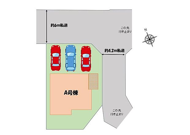 【全体区画図】角地の開放感のある立地です♪カースペース並列3台分ございます。(車種によります)