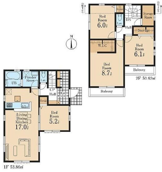 【4LDK】☆収納豊富なお住まい☆
玄関には大容量のシューズクロークを設置。ベビーカーやアウトドア用品の収納に最適♪２階主寝室にはウォークインクローゼット付き！お部屋をひろびろお使いいただけます♪