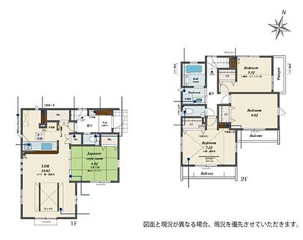 【4LDK】☆水回り２階プラン☆お風呂と洗面室を２階にし、１階の居住空間をたっぷり確保。水回りが２階にあることで洗濯の洗う、干す、しまうの動線が短くなり家事の時短になります♪