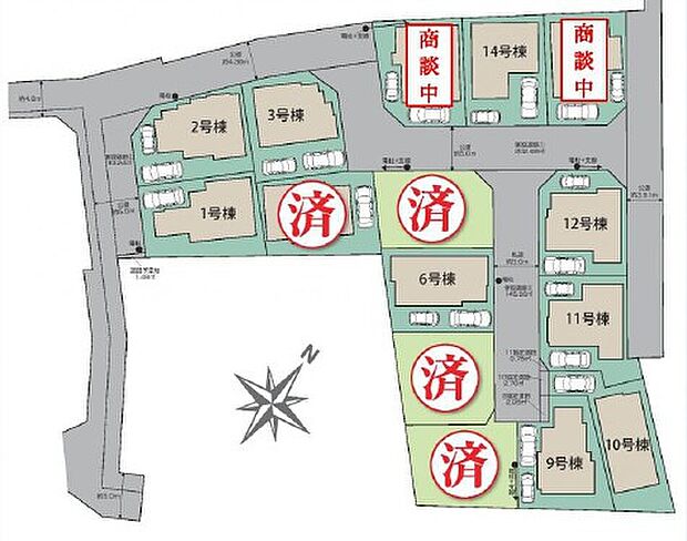 【全体区画図】大型の分譲地ですので、キレイに整備された新しい街となります。新生活のスタートにもオススメです。全棟敷地３３坪超え！カースペース１～２台分！周辺は第一種低層住居専用地域で落ち着いた住環境です。