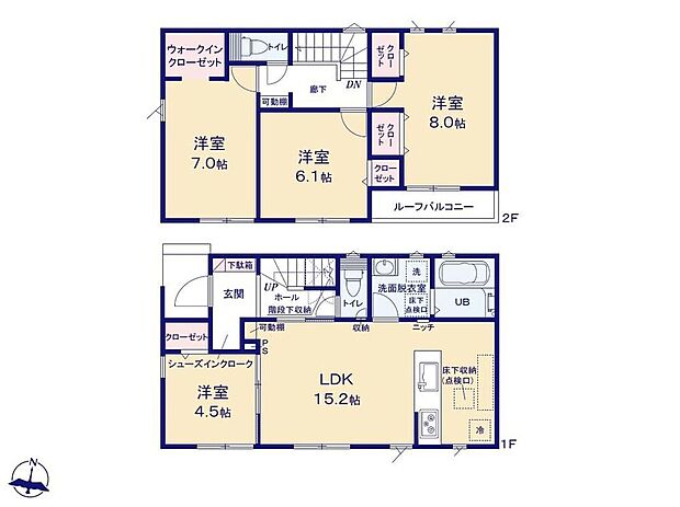 【4LDK】☆充実の個室☆２階は全居室６帖超え！WIC付きなど収納も完備しております♪１全居室南向きで採光良好！ご家族それぞれお好みのお部屋でおくつろぎいただけます♪