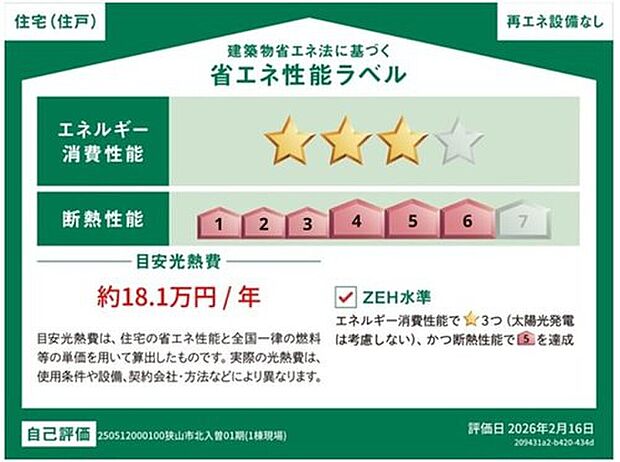 【【省エネ性能ラベル】】こちらの物件はZEH水準を満たした、省エネ性能に優れた物件です。　光熱費を抑えて暮らすことができるだけでなく、「熱の入りにくさ・逃げにくさ」という観点でも影響を受けにくい建物のため、長く快適にお過ごしいただけます♪

