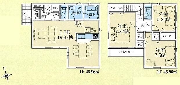 【3LDK】☆１９．８７帖LDK☆１階はワンフロアタイプの大空間LDK。ソファを置いてもゆとりの広さ！L字型のLDKはダイニングをリビングの役割をさりげなく区切ることができます。