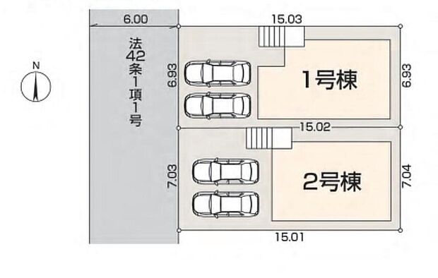 【全体区画図】カースペースは嬉しい並列2台分ございます。(車種によります)前面道路も幅員6mとゆとりがあるので、お車の出し入れもしやすいです♪