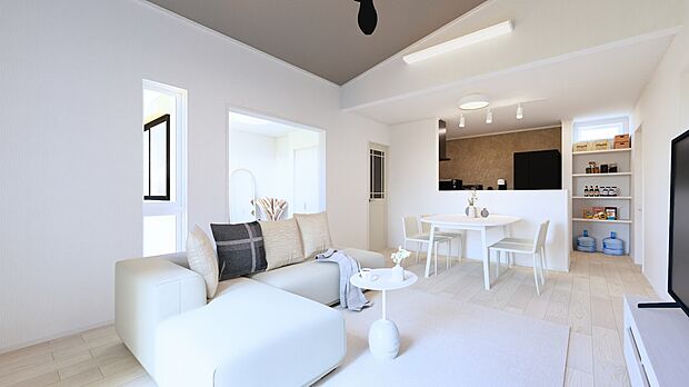 【15号棟 完成イメージパース】
屋根に合わせて天井を高くする勾配天井を採用。
部屋が広く見えて開放感を味わえる平屋ならではの施工です。