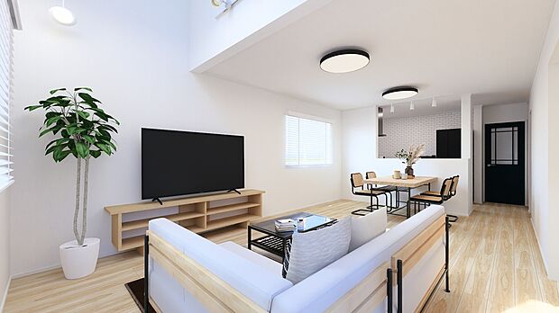 【1号棟 完成イメージパース】(1号棟)完成予想図
キッチンからリビング、ダイニングが見渡せる配置です。吹き抜けもあり空間が広く感じられる設計。