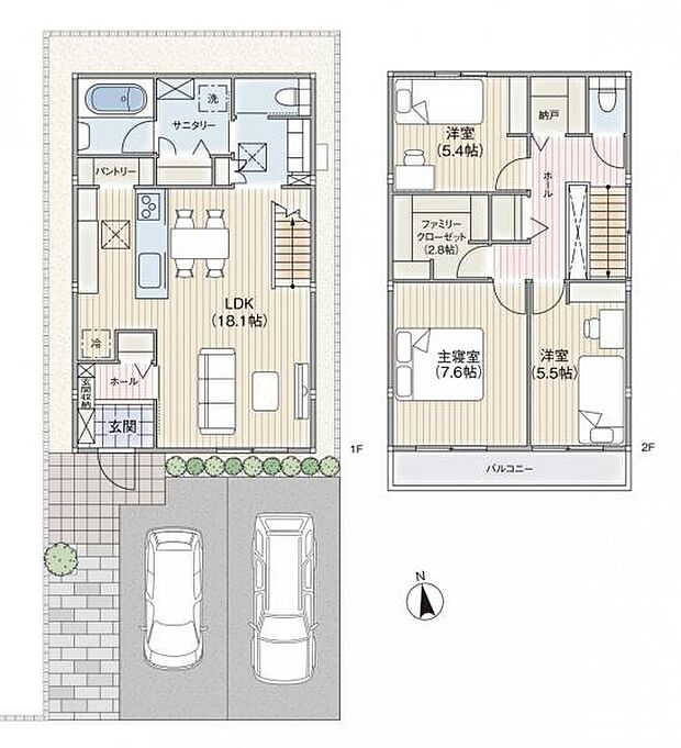【参考】D号地モデルプラン3630万円［税込］※その他附帯工事（屋外給排水電気引込、地盤補強、外構など）630万円［税込］が必要となります。 ※家具・エアコン・車は費用に含みません。