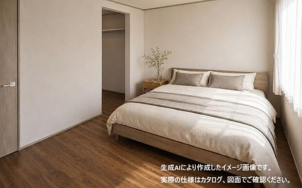 【【5号地】】洗練されたナチュラルデザインが映える主寝室。穏やかな光と上質な素材感が、ホテルライクな寛ぎを演出します。