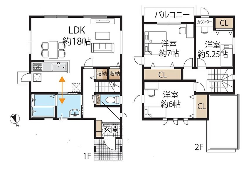 【間取図】
LDKは18帖あり、家族がゆったり寛げる広々スペース◎水回りを集約し、家事動線がスムーズな間取りです。全居室収納付ですので、お家の中がすっきり片付きます♪トイレ内にも収納棚があります。