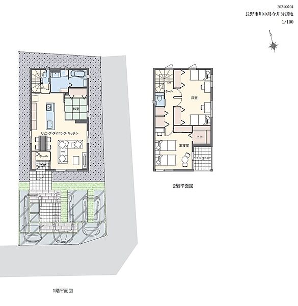 アイランド型キッチン家族の笑顔を見守れるオープンプラン。
子供室は将来２部屋に分けられる間取り。全居室収納・コンテナ・家事収納・W.I.C等収納も充実。
最大3台駐車できる駐車スペースも！