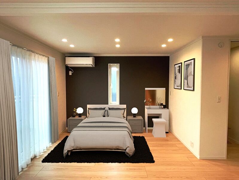 F棟主寝室（2023年12月撮影）明るく暖かい日差しが気持ちいい主寝室。室内物干しできるようにも工夫しました。