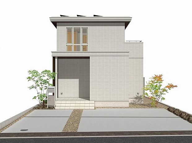 【B棟完成予想図】※掲載の完成予想CGパースは図面をもとに描き起こしたもので、実際の建物・外構・植栽等とは異なる場合があります。