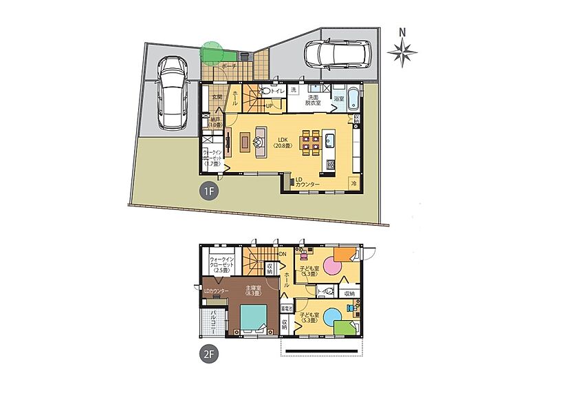 2号地間取りです。
間取りに表示のある家具、調度品、植栽、自動車は価格に含まれません。