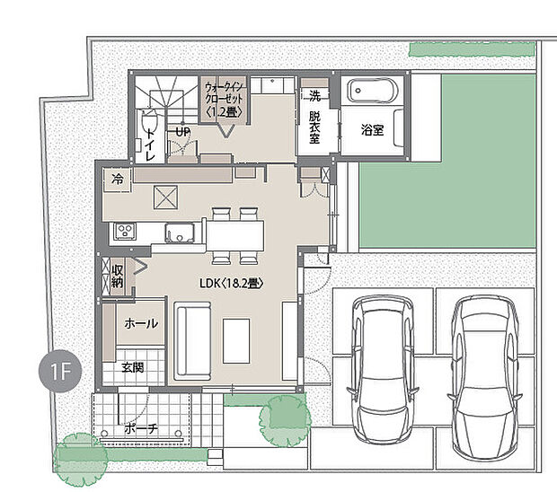 (1階間取図)「あったらいいな」を形にした使いやすい間取り。キッチンと洗面室が近く、家事もスムーズに進みます。1.2畳のWICで収納もしっかり確保でき、すっきり暮らせる住まいです。