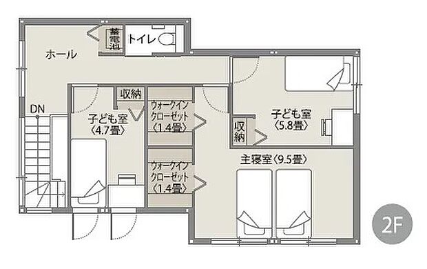 主寝室には1.4畳のWICを2つ設置。夫婦で衣類を分けて管理でき、着替えもスムーズです。全居室収納完備で、家具を置かずに部屋を広く使える、ゆとりある3LDKです。