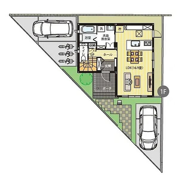 (1階間取図)16.9畳の広々LDKは対面キッチンで家族との会話も楽しめます。独立した洗面脱衣室で朝の混雑や来客時も安心。駐車2台可能で、機能性と心地よさを両立した住まいです。