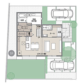 広々20畳のLDKを中心に、家族が自然と集まる間取り。キッチンから洗面室へつながる動線で家事もスムーズに。収納も充実し、毎日の暮らしにゆとりが生まれる心地よい住まいです。 