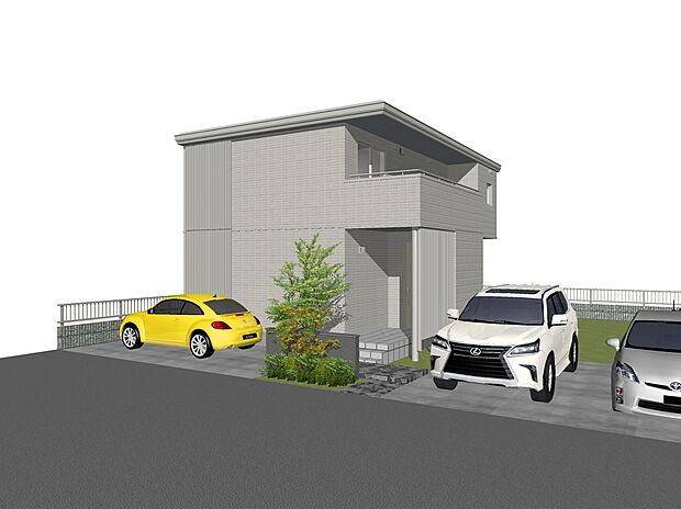 【5号地プラン例外観イメージ図】建物価格4610万円、建物面積114.54m2 / 建物価格は本プランでの参考価格となります。
※外観図に表示のある自動車植栽はイメージです。
