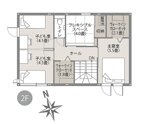 2か所のウォークインクローゼットを備え、収納力に優れた2階空間です。さらにフレキシブルスペースを完備し、ライフスタイルに合わせた多彩な使い方が可能です。