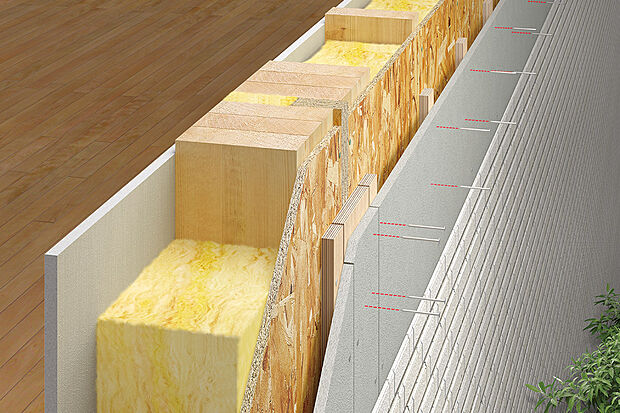 【断熱材】(1)天井・外壁には高性能グラスウールを充填。
(2)工場内ではめ込むため、現地施工のデメリットを解消。