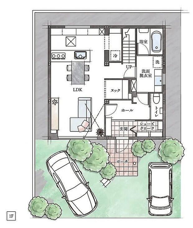★１階間取り図
広々なLDKに加え、対面式キッチンで家族との会話も弾みそうですね！駐車場も２台あり急な来客や、家族分の自転車も駐輪できます♪