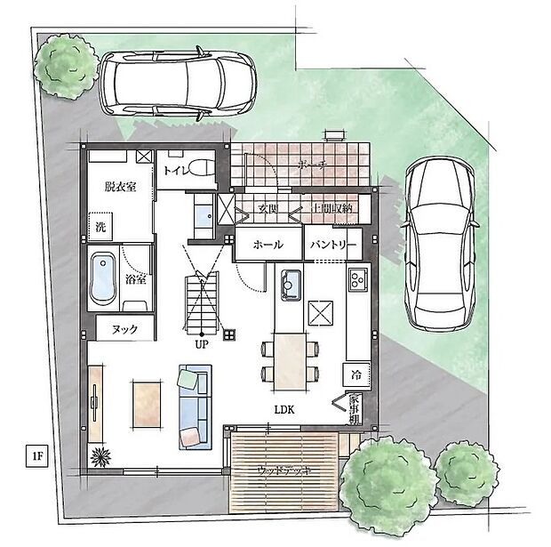 ★１階間取り図
広々なLDKに加え、対面式キッチンで家族との会話も弾みそうですね！駐車場も２台あり急な来客や、家族分の自転車も駐輪できます♪