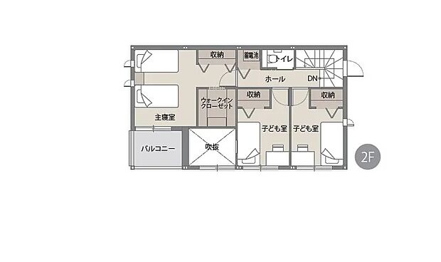 【4LDK+ウォークインクローゼット】延床:102.02m2(30.86坪) 、1F:56.59m2(17.11坪) 、2F:45.43m2(13.74坪)
