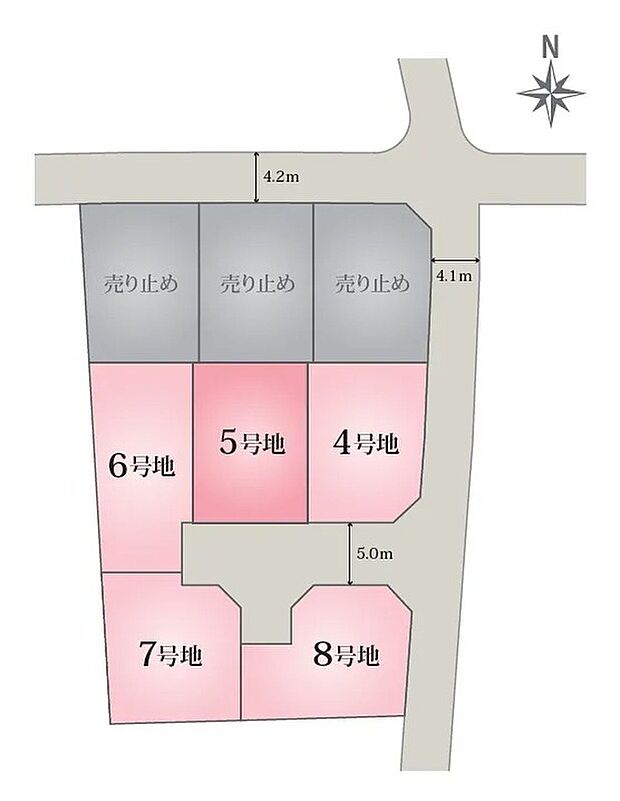 【全体区画図】中心に位置する5号地は、バランスの取れた区画で暮らしやすさが魅力！前面道路からのアクセスも良く、快適で安心な住環境です！